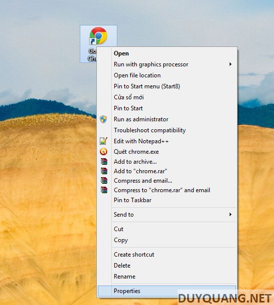 Cách mở Properties của Google Chrome