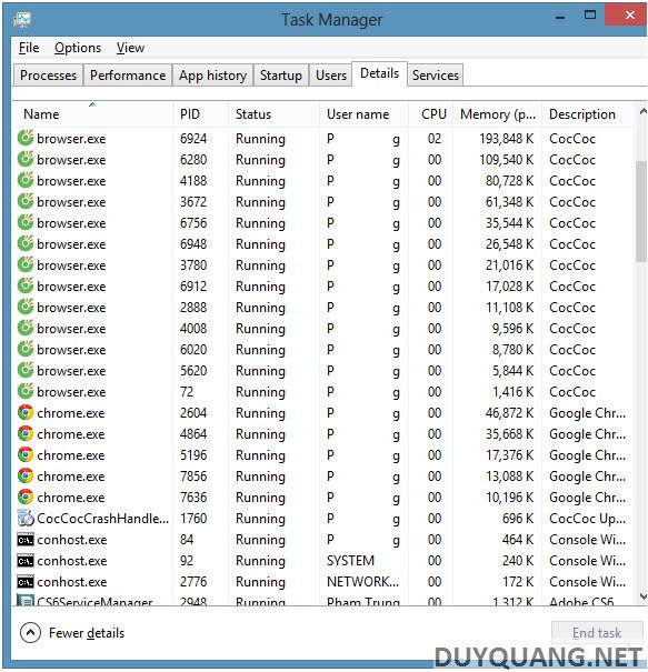 Chrome và Cốc Cốc khi mở lên đều có rất nhiều Process