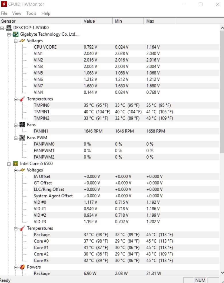 HWMonitor - Kiểm tra điện áp, nhiệt độ, tốc độ quạt máy tính