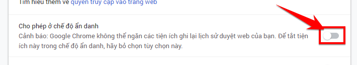 Kích hoạt tiện ích bằng cách bật Cho phép ở chế độ ẩn danh