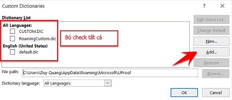 Uncheck languages